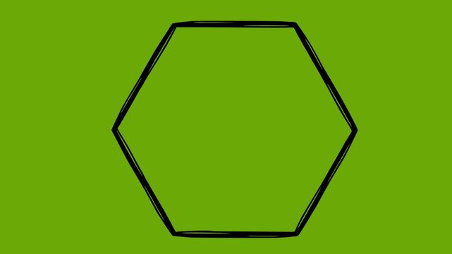hexagon geometric shape outline animation featuring a black hand drawn style and line boil effect over a green chroma key background