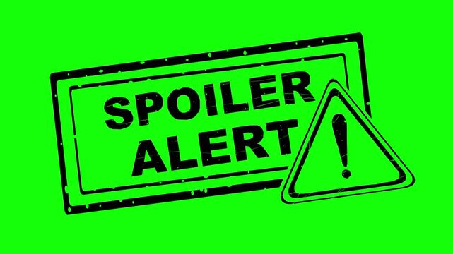animated spoiler alert stamp and warning triangle with solid black fill and green chroma key background. Hand drawn line boil effect for video editing