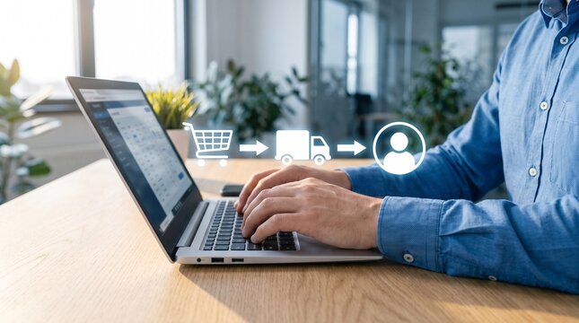 Businessman working on laptop with online shopping logistics and delivery icons