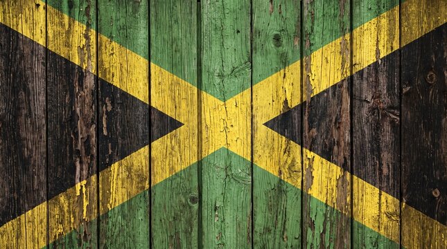 Jamaican flag painted on rustic wooden texture background