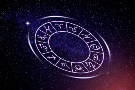 Zodiac wheel with astrological signs against night sky with stars. Illustration