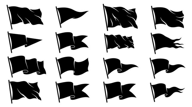 Set of 16 black fluttering flag silhouettes on white background. Ideal for maps, location markers.