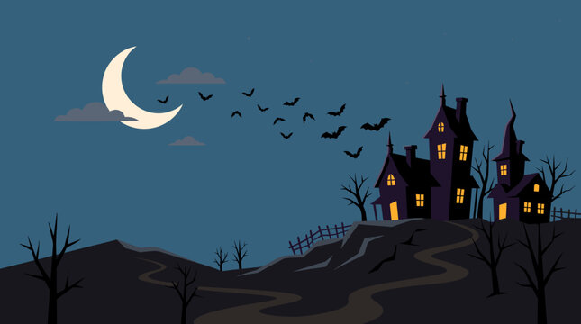 Silhouette of a haunted house on a hill with bats and crescent moon in the night sky. Perfect for Halloween banners, event flyers, scary website backgrounds