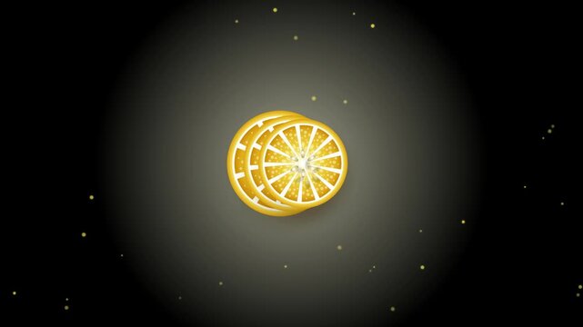 Fresh orange fruit slices floating in dark space with glowing particles