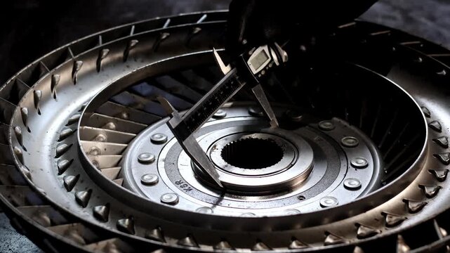 Technician measuring a metal torque converter stator or turbine component with digital vernier caliper on a workshop workbench.