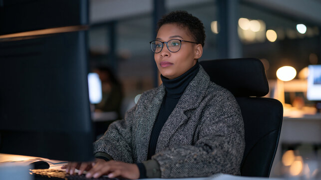 Focused Professional Working Late: A woman with glasses and short hair is diligently working on her computer in an office at night, illuminated by the screen's glow and ambient office lights.