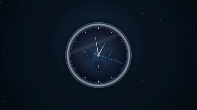 Modern dark blue round wall clock face with minimalist design and glowing hour markers on a deep cosmic background representing the concept of time and infinity