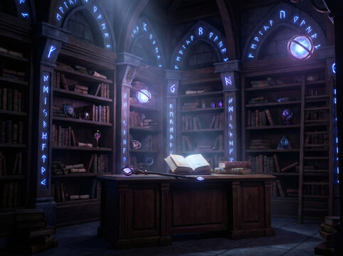 Mystical ancient library interior with glowing blue runes and magic spell books on a wooden desk