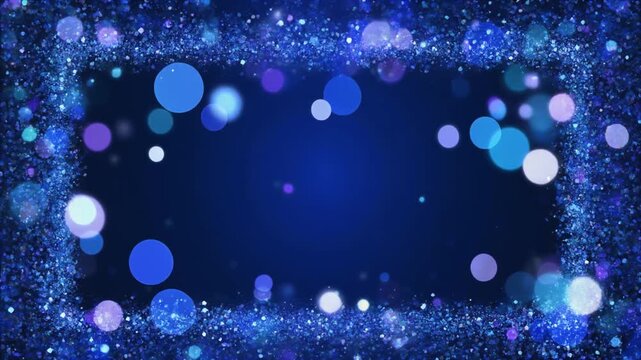 水色の粒と玉ボケが囲む濃い青の背景　余白のある映像素材