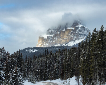Snowy mountain landscape with trees and road on a cloudy day in winter