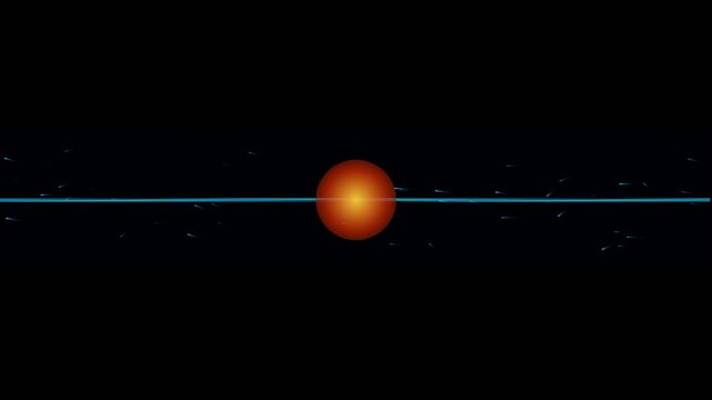 Bright orange glowing sphere surrounded by blue light waves on a black background