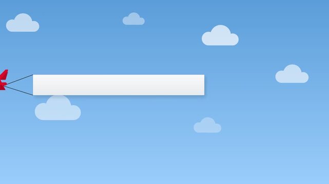 Red airplane pulling a blank white banner across a blue sky