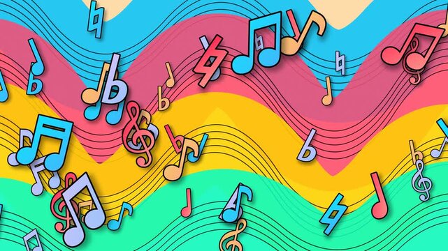Vibrant Abstract Background with Flying Musical Notes and Colorful Waves