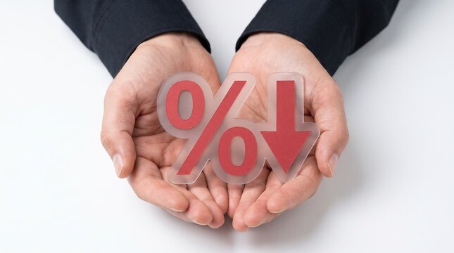 Hands holding a red percentage symbol with a downward arrow, symbolizing a decrease in interest rates or economic decline