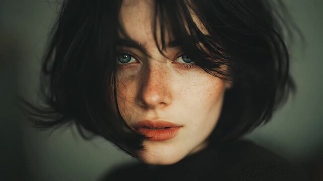 Moody portrait of woman with dark hair and freckles.