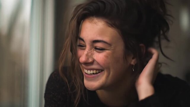 Portrait of brunette woman laughing in blurred interior.