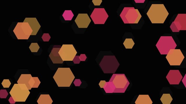 Abstract background with floating colorful hexagon shapes in red and orange colors on a black screen