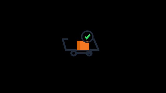 Shopping cart icon with a package box and a green check mark for successful order delivery