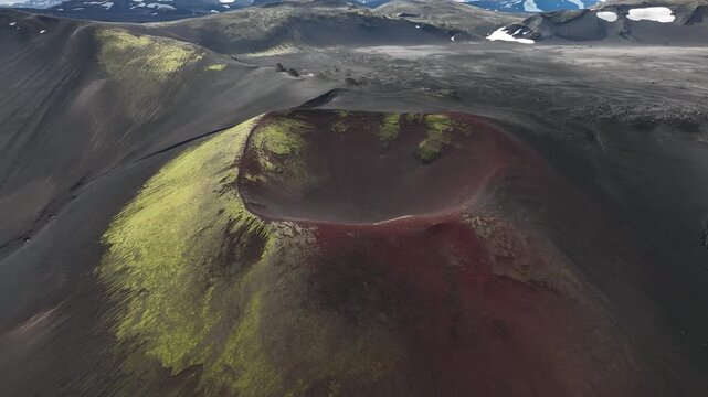 Aerial Drone View of Rau&eth;ask&aacute;l Apple Crater Iceland Volcanic Landscape with Red and Green Colors