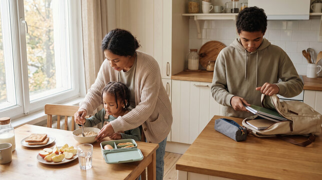 Peaceful Back-to-School Family Morning in a Sunlit Kitchen