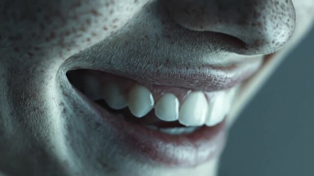 Extreme close-up of freckled nose and lips smiling.