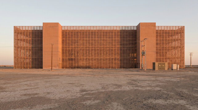 Dusty terracotta perforated steel storage block at the desert edge