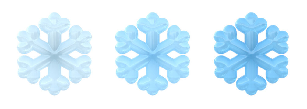 3d icon set of glossy jelly-like snowflakes in white and blue with soft rounded shapes, smooth shiny surfaces. Modern soft shading, cartoon plastic look for winter-themed designs. Isolated render.