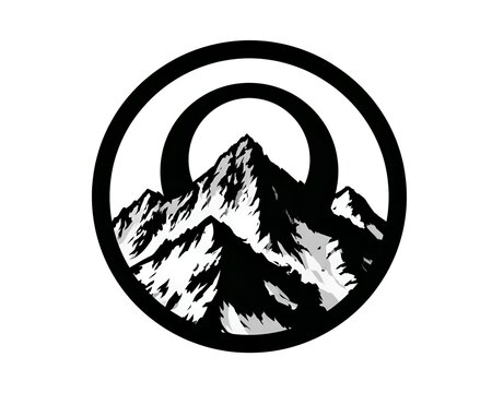 Black and white logo of rugged mountains inside a circular emblem with concentric circles