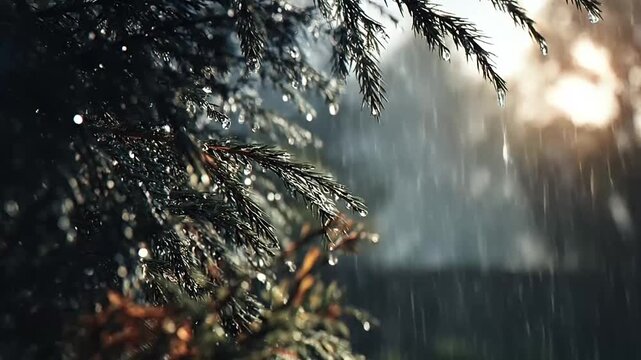 Raindrops on pine tree branches in soft light.