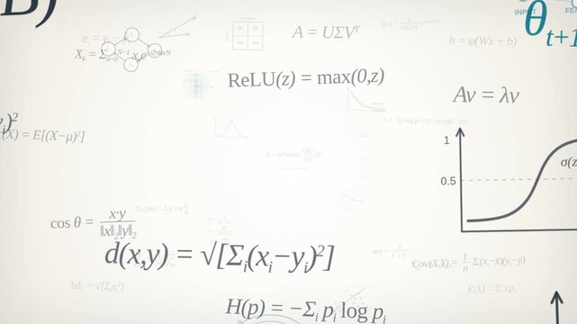 Mathematical Formulas and Data Graphs Move Across White Technology Background