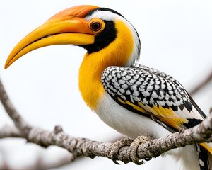 Fototapeta premium Close-up of a Southern Yellow-billed Hornbill perched on a branch with its distinctive yellow beak