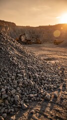 Obraz premium Heavy machinery and piles of rocks in a quarry at sunset