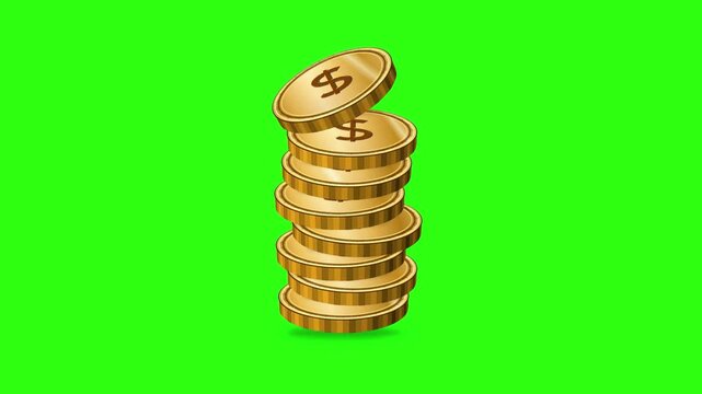 Gold Dollar Coins Fall and Stack Higher on Bright Green Screen Background