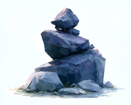 Stack of dark blue rocks balanced against a bright white background, digital art