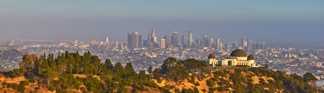 Griffith Observatory Los Angeles Skyline and Griffith Park Panorama at Golden Hour