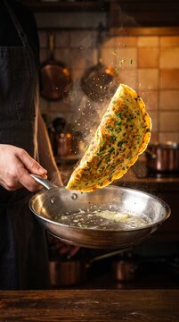 A delicious omelette flips in the air as a chef cooks it in a frying pan in a rustic kitchen setting. The omelette is golden brown with flecks of green herbs
