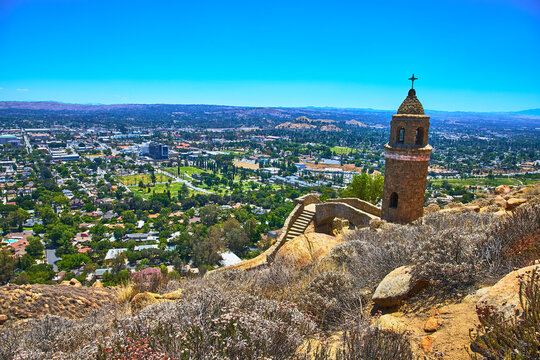 Mt Rubidoux Tower Overlooking San Bernardino Cityscape and California Landscape