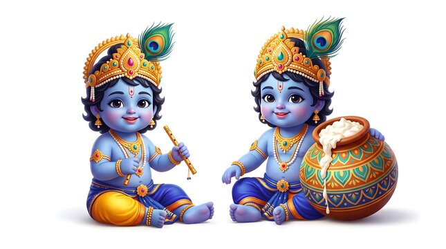Two cute cartoon baby krishna figures with butter pot vibrant colors for janmashtami celebrations.