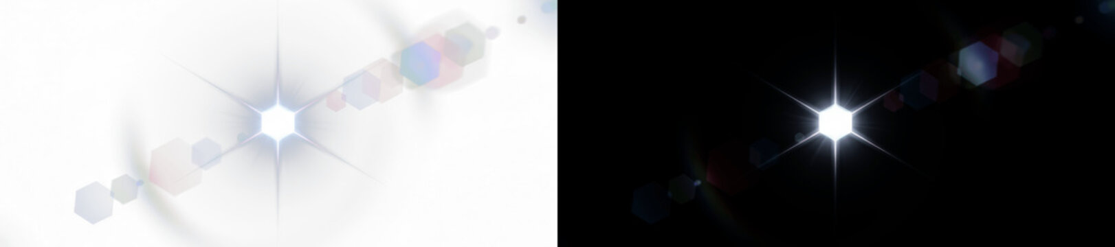 Optical lens flare effect with bright starburst light and hexagonal bokeh elements, digital light leak overlay on black background for cinematic photography, graphic design, and video editing