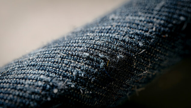 Macro close up of dark blue denim textile strap showing woven fiber threads with shallow depth of field