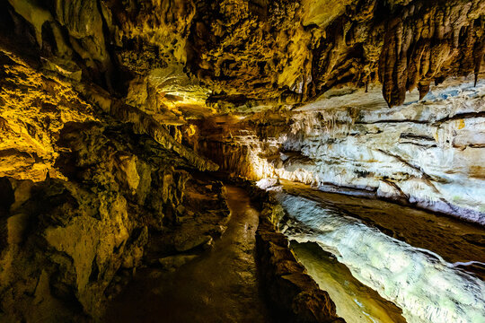 Crystal Cave interior glows illuminated in Sequoia Park