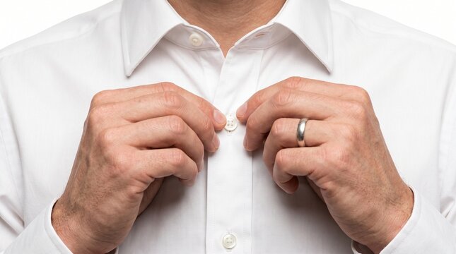 A close-up shot of a man's hands buttoning up a crisp white dress shirt, showcasing a wedding ring. The focus is on the meticulous detail of dressing for an occasion