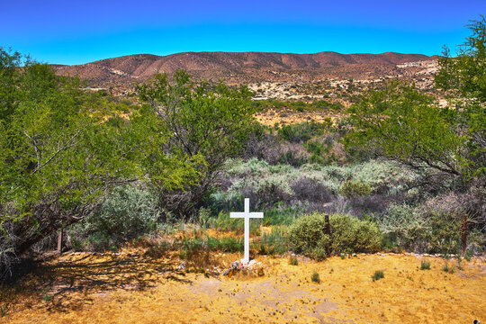 White Cross Grave Marker in Desert Landscape Near Jacumba Hot Springs California