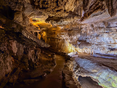 Crystal Cave interior glows illuminated in Sequoia Park