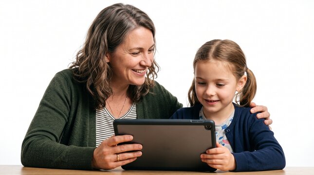 A woman and a young girl are looking at a tablet computer together, with the woman's arm around the girl's shoulder