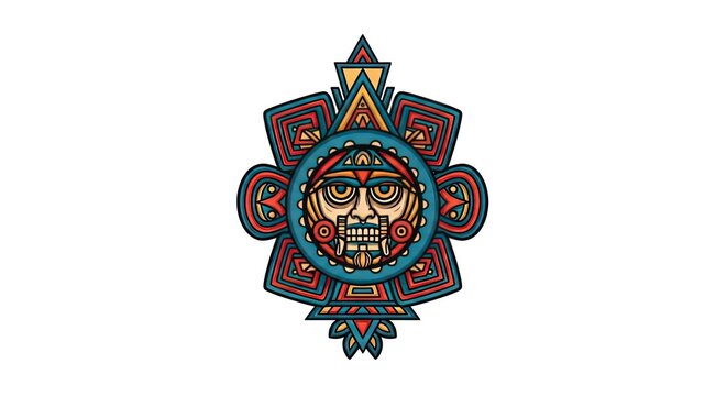 Aztec Sun Stone Symbol with Face and Geometric Patterns in Red, Blue, and Yellow