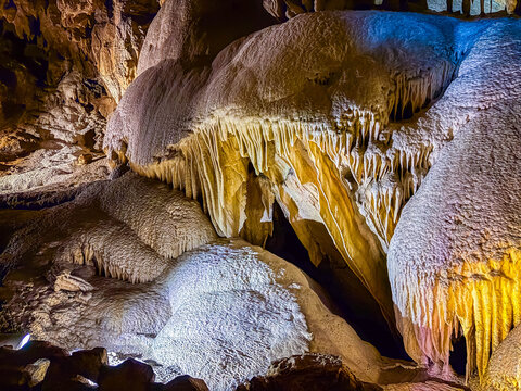 Sparkling stalactite flowstone formations inside Crystal Cave in Sequoia Park