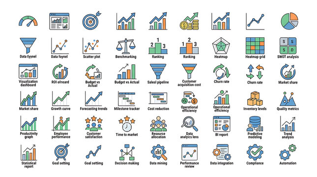 Data analytics icons display various financial graphs, metrics, dashboards, and performance tracking charts in colorful line art style.