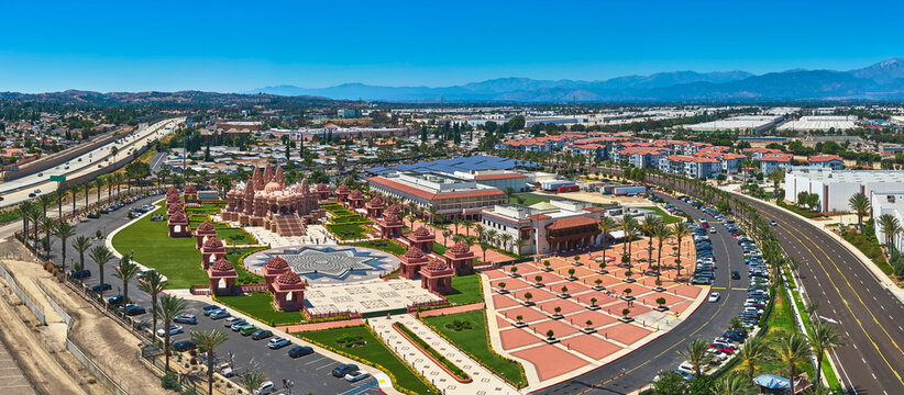 Aerial BAPS Shri Swaminarayan Mandir Indian Temple San Bernardino Panorama