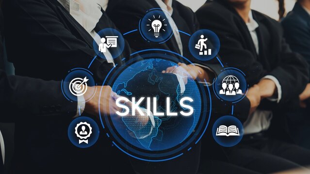 Diverse Business Professionals Collaborating on Skills Development in a Modern Conference Setting with Global Icons Representing Core Competencies. Entropy.